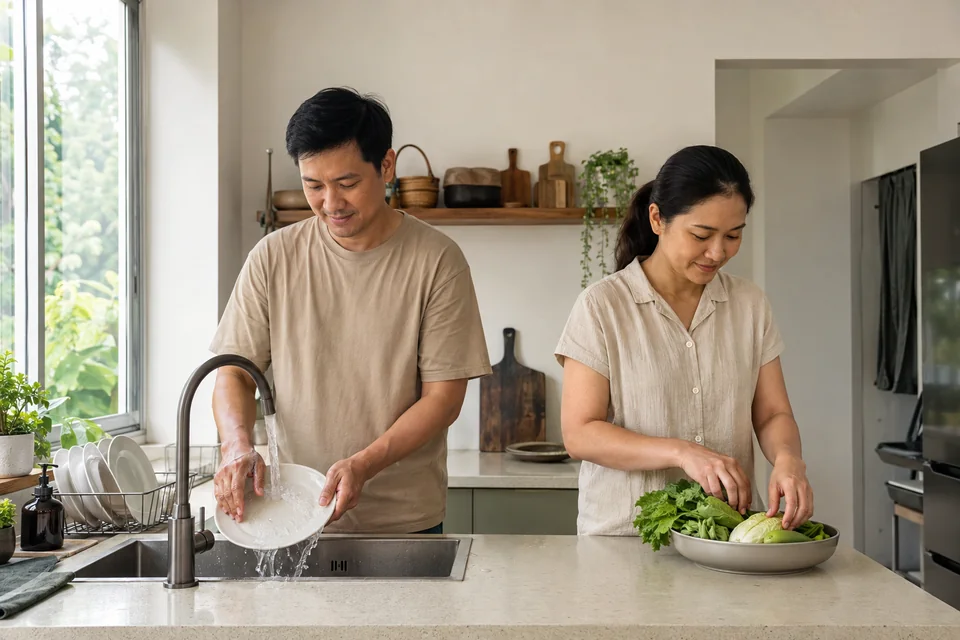 ภาพประกอบแนวคิด คู่เจ้าของบ้านช่วยกันล้างจานและเตรียมของในครัว