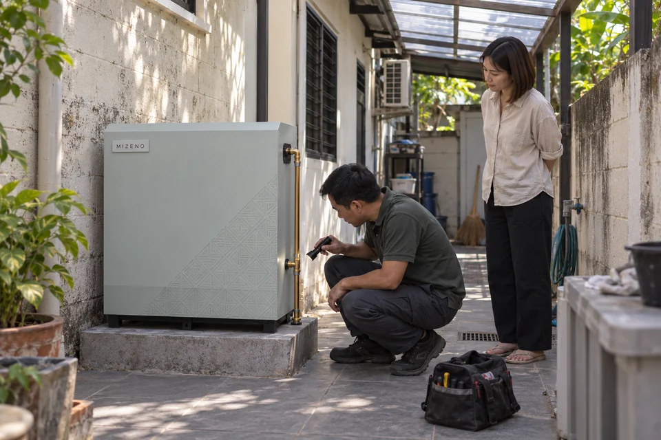 ภาพจำลองทีมตรวจระบบ MIZENO บริเวณทางเดินข้างบ้านร่วมกับเจ้าของบ้าน