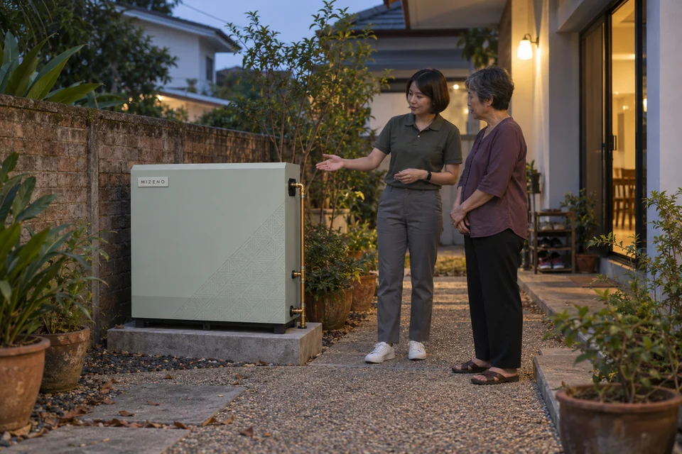 ภาพจำลองทีม MIZENO แนะนำระบบแก่เจ้าของบ้านบริเวณสวนข้างบ้าน