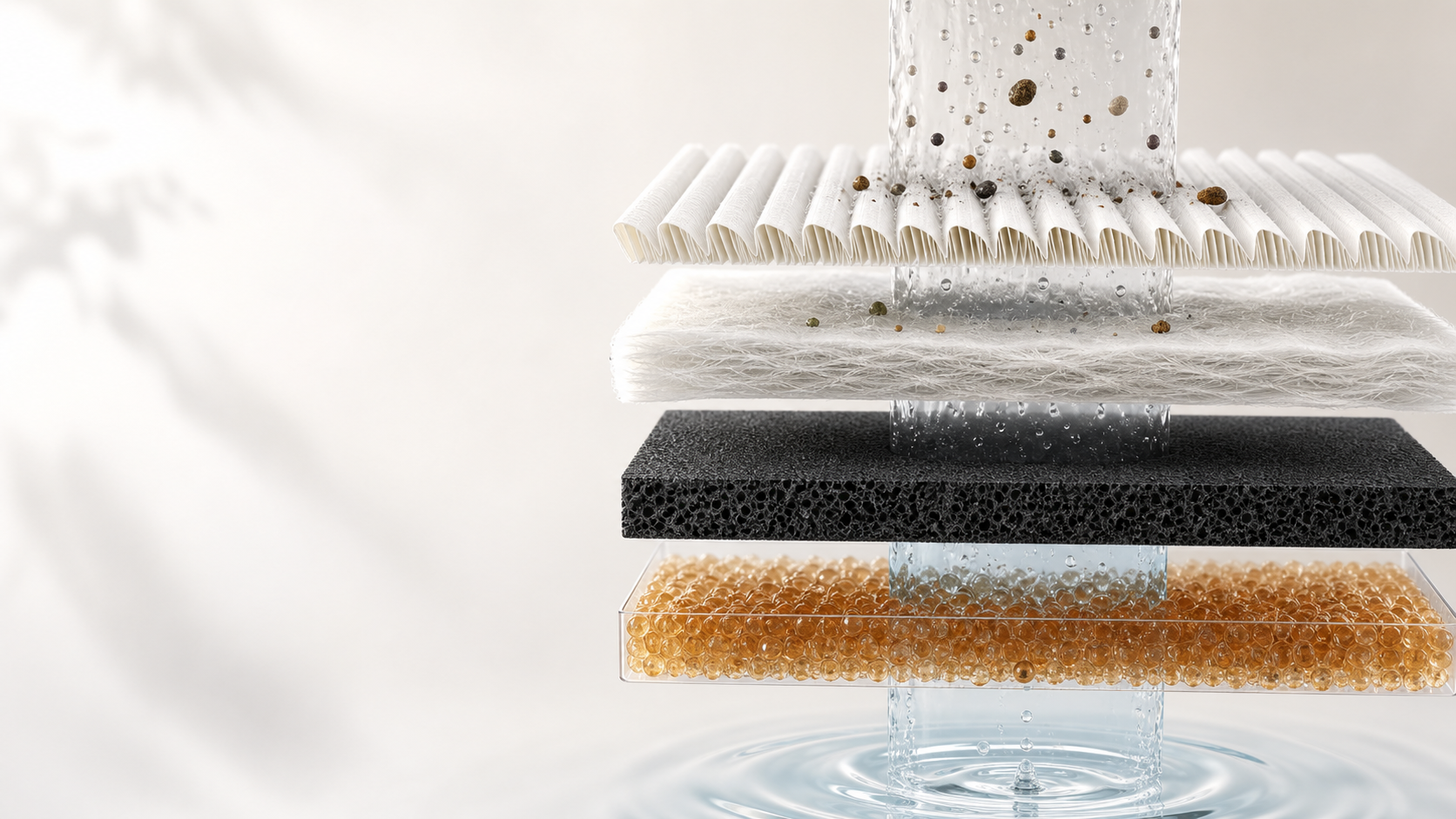 Four-stage MIZENO treatment sequence showing sediment media, depth filtration, carbon conditioning and ion-exchange resin